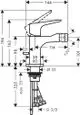 Einhebel-Bidetmischer mit Hebelgriff und Zugstangen-Ablaufgarnitur von AXOR, schematische Darstellung mit Maßangaben und Anschlussdetails.